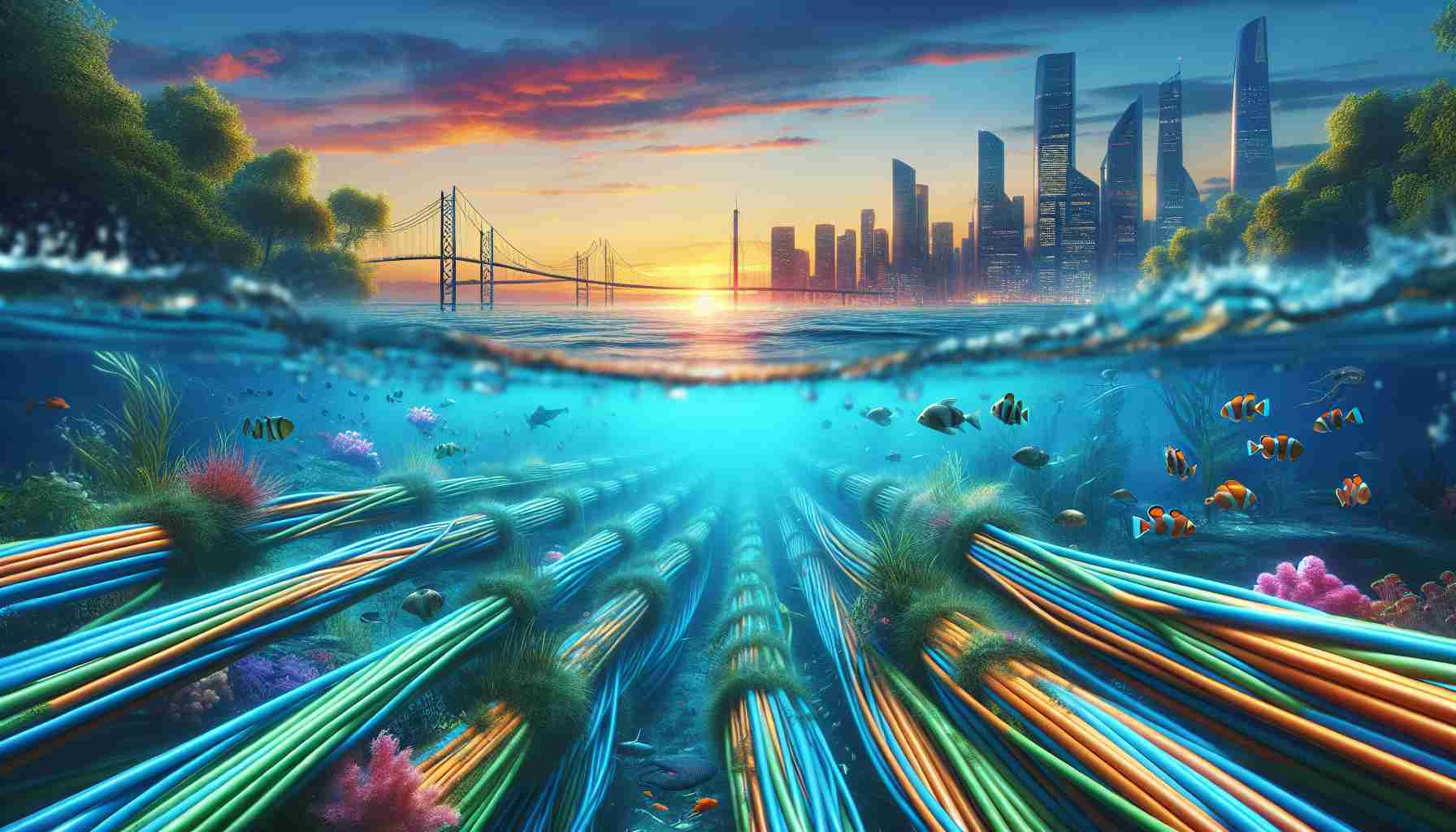 A realistic high-definition image showcasing the scenery of damaged underwater fiber optic cables stretched across various coastal cities. The image could depict thick, multicolored cables with signs of wear and tear, inflicted by physical forces and marine life. It might also portray the cables submerged in crystal clear ocean water, with the surrounding marine environment composed of aquatic plants, colorful fishes, and deep-sea creatures. In the distance, silhouettes of the coastal city skylines under a vibrant sunset or sunrise can be seen.