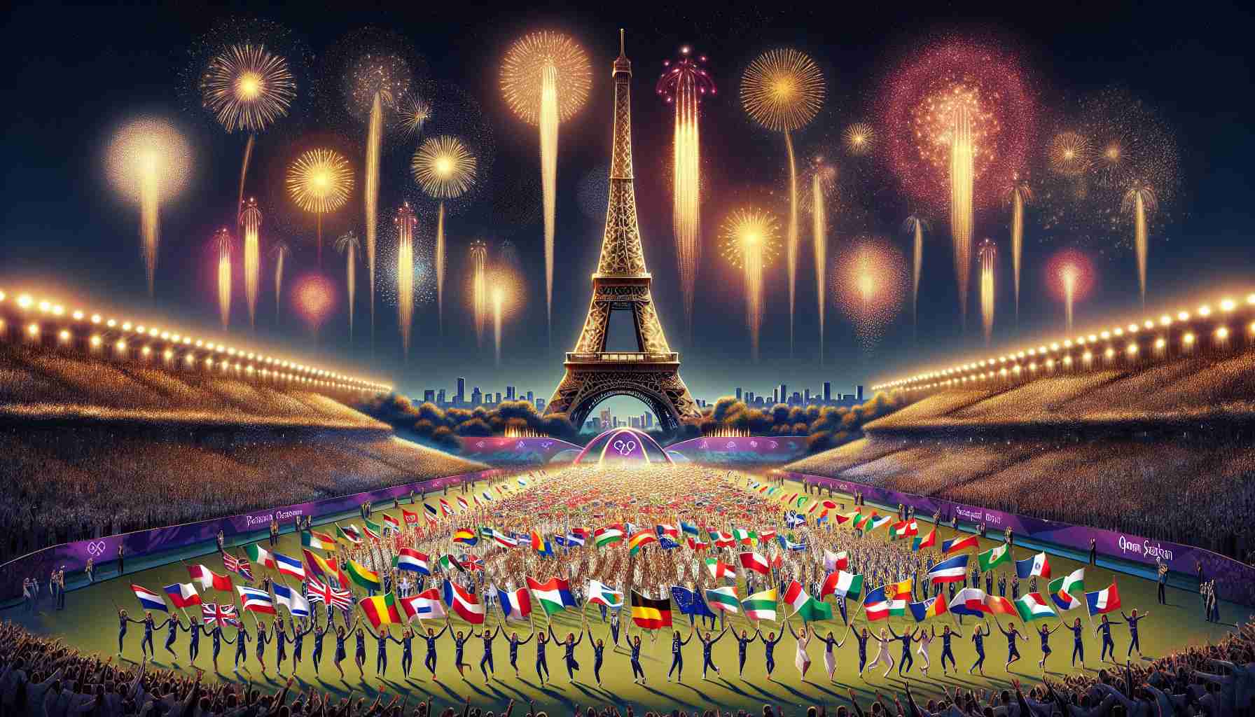 Captivating high-definition illustration of the opening ceremony at an iconic international sports event held in Paris. Visualize grand fireworks lighting up the night sky by the Eiffel Tower, while a multitude of athletes, diverse in their racial and gender representation, joyously march in, each holding the flags of their respective nations. The atmosphere is electric with anticipation and collective camaraderie. The spectators cheer enthusiastically, their faces filled with excitement and pride.