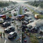 A realistic, detailed image in high-definition of a tragic incident on the E40 expressway, involving multiple vehicles. The image features damaged cars intertwined in a fatal collision with smoke and dust uprising from the accident, showcasing the somber aftermath of the incident. Please include rescue teams of diversely represented people rushing to the scene, emergency vehicles with flashing lights, and the relentless efforts they put into saving lives. The backdrop includes the wide road alleviated by road-side greenery under the overcast sky, devoid of traffic as the area has been cordoned off.