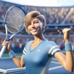 Realistic high-definition illustration of a generic female professional tennis player, with short blonde hair and a fit physique, exuding joy and holding her racket high as she secures a win at a major tennis tournament, similar to the US Open. She is clad in a blue sports outfit, and the backdrop provides the ambiance of a packed tennis stadium under a clear, sunny sky.