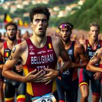 Detailed photo of a surprising situation during a triathlon event at an international sports competition. The focus is on the Belgian team, showcasing an unexpected development in the race. There are male and female competitors of diverse descent such as Caucasian, Black and Middle-Eastern, in their triathlon gear, immersed in intense competition and possibly dealing with unforeseen circumstances that are altering the competition's direction. Background shows a mix of various landscapes as they transition from swimming to cycling to running stages. Maintain the high-definition, realistic style with minute details depicted.