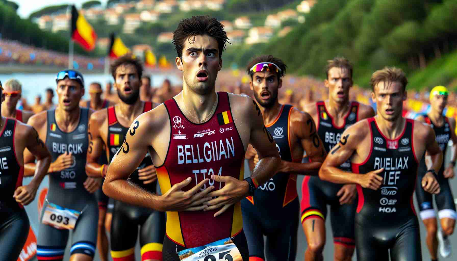 Detailed photo of a surprising situation during a triathlon event at an international sports competition. The focus is on the Belgian team, showcasing an unexpected development in the race. There are male and female competitors of diverse descent such as Caucasian, Black and Middle-Eastern, in their triathlon gear, immersed in intense competition and possibly dealing with unforeseen circumstances that are altering the competition's direction. Background shows a mix of various landscapes as they transition from swimming to cycling to running stages. Maintain the high-definition, realistic style with minute details depicted.