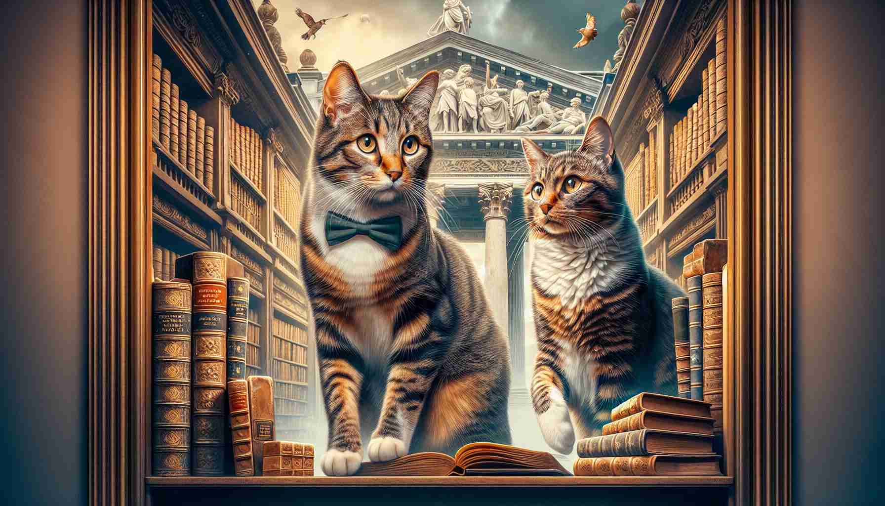 Generate a realistic, high-definition image of cats, accurately reflecting the tabby and tuxedo patterns typical of domestic cats in Belgium. These felines are depicted in a moment of significance, perhaps teetering on the edge of a high antique bookshelf filled with vintage books or poised in front of a grand historical monument. The entire scene should have an air of tense anticipation, as if something momentous is about to happen.