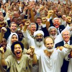 Generate a highly detailed photo of a significant international peace mission. Depict the jubilant moment when twenty-four individuals and two children, representing a mix of Caucasian, Hispanic, Black, Middle-Eastern, South Asian, and White descents, are set free as part of a historic prisoner exchange. The scene captures their relieved expressions and the sense of renewed hope. Surrounding the released individuals, there are representatives from various nations, radiating the sentiment of international unity and success.