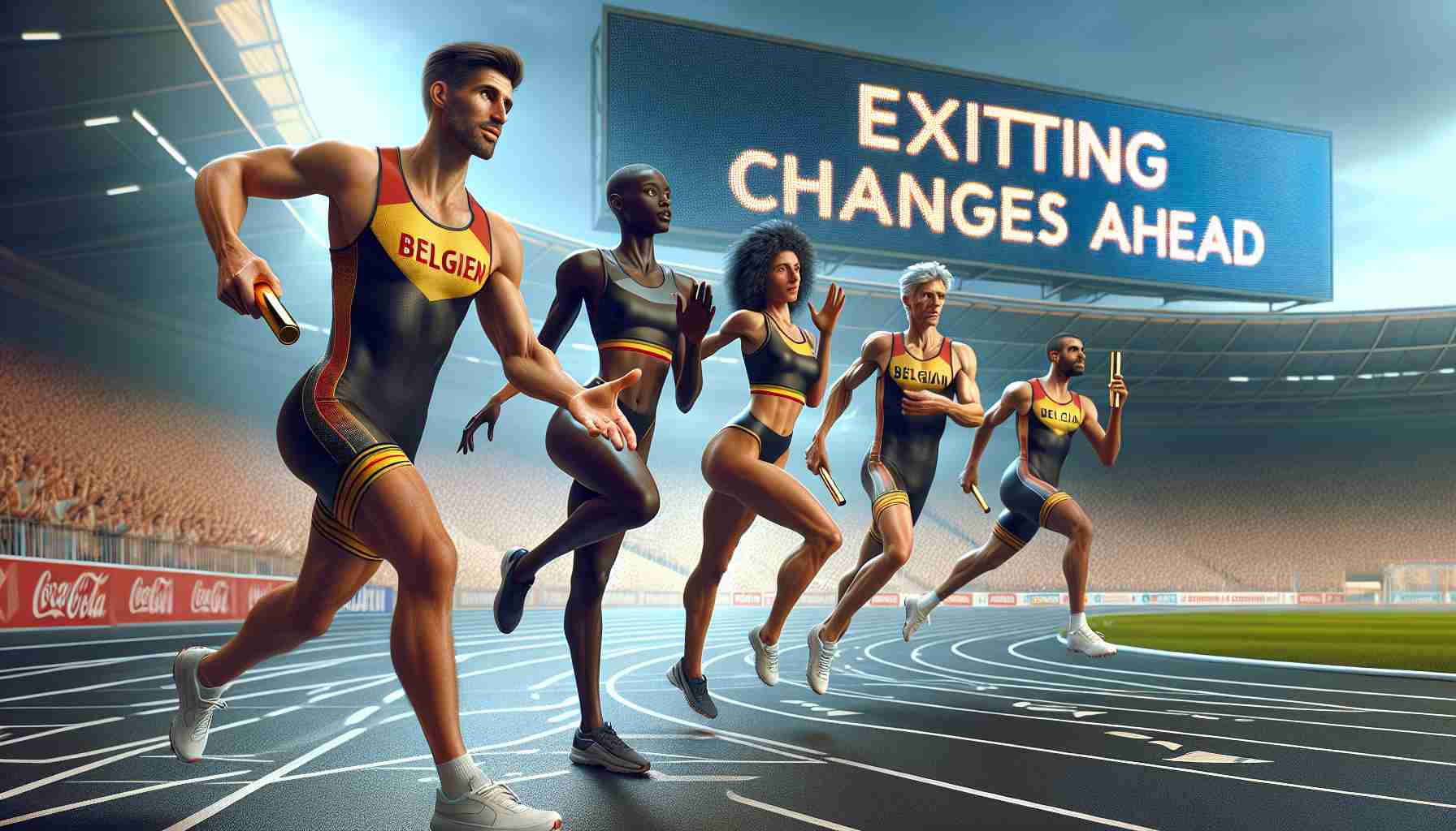 Realistic high-definition image showcasing thrilling transformations in the future for a Belgian relay team. The team consists of four athletes of different descents wearing matching outfits. From left to right: A confident Hispanic woman is passing the baton to an enthusiastic Caucasian man, who is preparing to sprint. Further down the track, a Black female athlete is stretching and getting ready to receive the baton from a Middle-Eastern man who is preparing himself to take it from the Caucasian man. The background reveals a packed stadium with a vivid display reading 'Exciting Changes Ahead'.