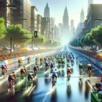 A high-definition, crisp and lifelike image depicting a city on the day of a new cycling event. The atmosphere is charged with excitement and the streets are lined with spectators. Dynamic cyclists of diverse races and genders are pedaling with determination, showcasing their colorful gear and helmets, while the cityscape, bright with sunlight and bustling with activity, forms the backdrop. Street vendors are selling unique souvenirs, trees and green patches add to the vibrancy, and strategically placed banners announce the event. Reflect the energy, dynamism, and spirit of the city on this exciting day.