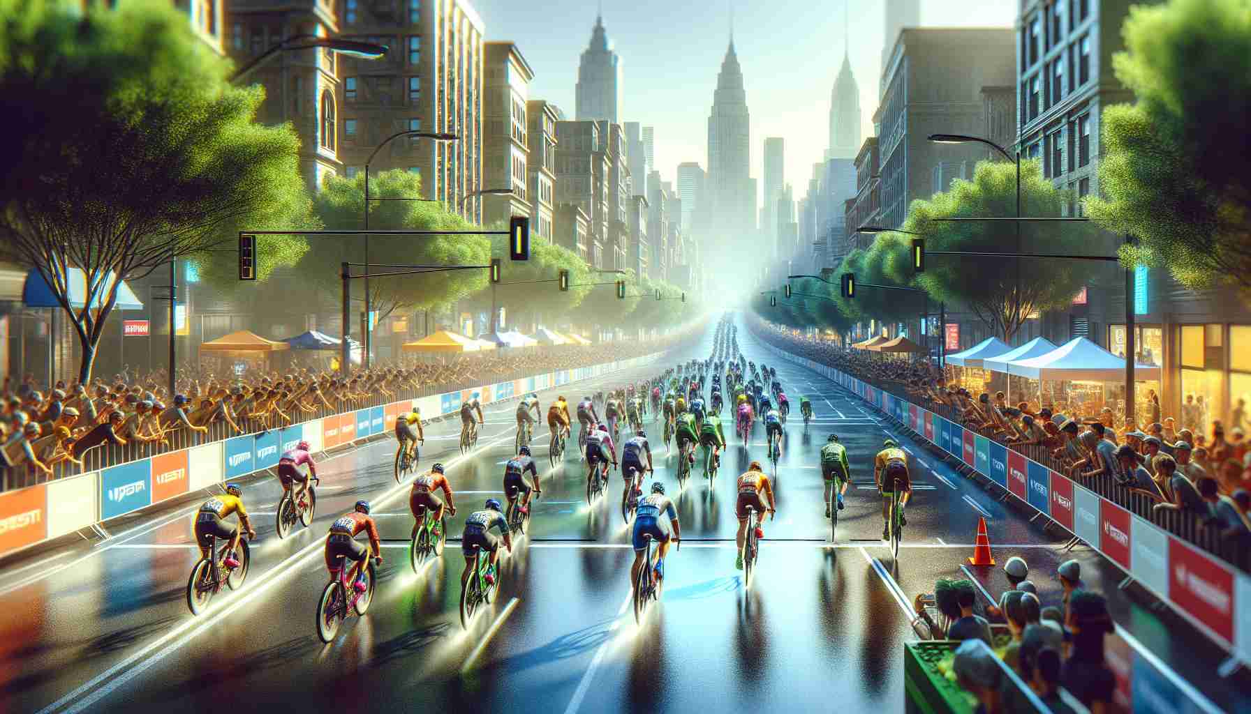 A high-definition, crisp and lifelike image depicting a city on the day of a new cycling event. The atmosphere is charged with excitement and the streets are lined with spectators. Dynamic cyclists of diverse races and genders are pedaling with determination, showcasing their colorful gear and helmets, while the cityscape, bright with sunlight and bustling with activity, forms the backdrop. Street vendors are selling unique souvenirs, trees and green patches add to the vibrancy, and strategically placed banners announce the event. Reflect the energy, dynamism, and spirit of the city on this exciting day.