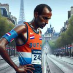 Create a realistic, high-definition image of a disheartened long-distance runner of Somali descent, who is participating in a marathon event in a city location that is symbolic of Paris scenery. The runner, clad in professional athletics gear that is representative of the colors of the Dutch flag, is showing signs of exhaustion and defeat. Make sure to also include the iconic features such as wide boulevards and historic architecture in the background to depict the city's unique atmosphere.