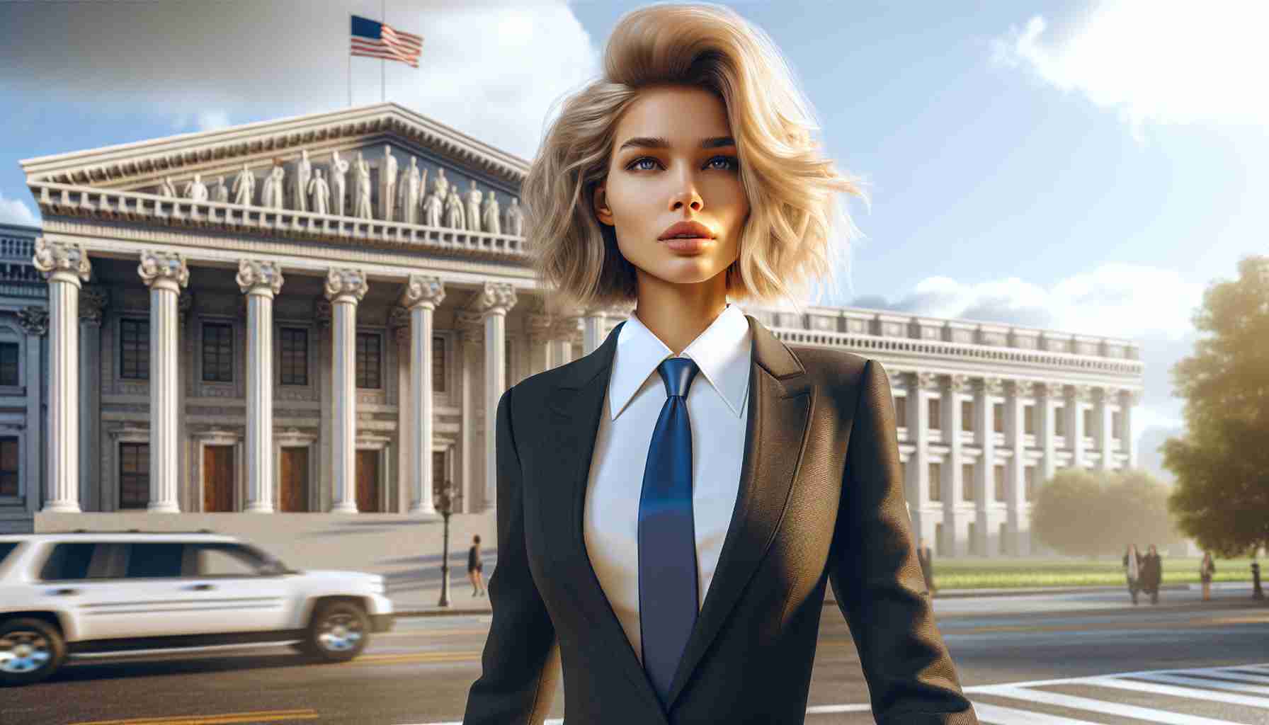 Create a photorealistic image in high definition of an actress with medium-length blonde hair and an athletic physique wearing a professional political attire, as she walks towards a large building symbolizing politics.