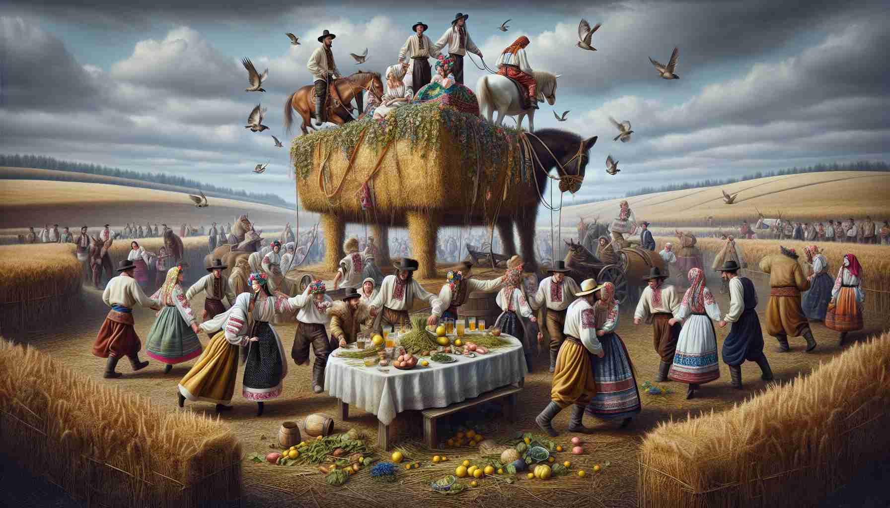 A high-resolution, realistic image of a scene depicting unique activities common in Ukraine, bordering on the realm of imagination. This could include traditional folk festivals, extravagant costumes, agricultural functions or perhaps a scene from a folk tale.