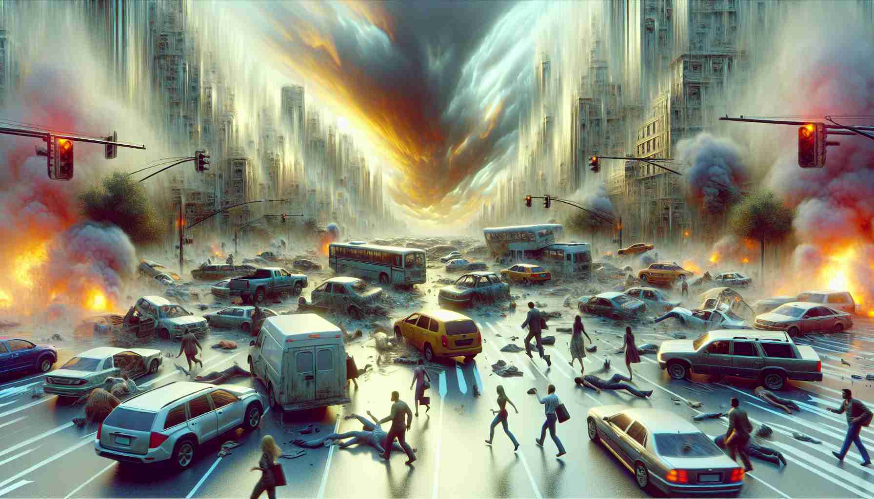 Generate a high-definition, realistic visualization of a chaotic scene on the roads due to unexpected events. The scene might contain vehicles in disarray, drivers demonstrating diverse ranges of emotions like panic and confusion, and pedestrians of varying descents and genders navigating the mayhem. The sky may be filled with an unusual hue, suggestive of the strange occurrences and the overall atmosphere should be of bewilderment and turmoil.