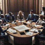 Realistic high-definition image of a diverse group of politicians assembled in a government building. The group includes a Black man, Hispanic woman, South Asian man, Caucasian woman, and a Middle-Eastern man. They are engaged in a passionate discussion on bold financial plans, with papers and digital devices scattered about their large, wooden, oval-shaped conference table. Layers of depth and visual texture suggest the serious and analytical mood of the meeting.