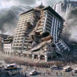 A high-definition, photorealistic image of a disastrous scene in a popular tourist town. A multistory hotel building, once a majestic symbol of hospitality, is now partially collapsed. Crowds of terrified people are gathering safely away from the falling debris, while emergency services quickly respond to the tragedy. Amidst the chaos, the sheer power of nature and the fragility of human constructions become evident.