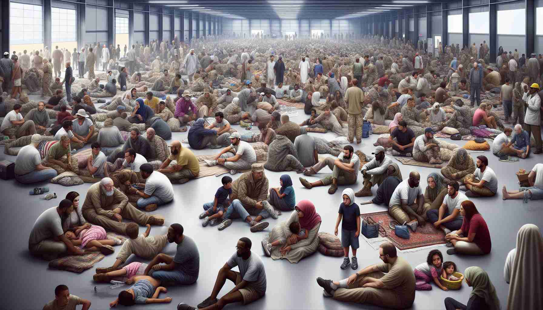 Visualize a realistic, high-definition scene of people from diverse backgrounds taking shelter from conflict at an evacuation center. Picture men and women of various descents such as Caucasian, Hispanic, Black, Middle-Eastern, and South Asian, all seeking safety and support. The center is buzzing with activity - people are resting, others are partaking in relief efforts, while some children are being entertained by volunteers. The atmosphere is tense, but there's an underlying sense of unity and companionship in this time of crisis.