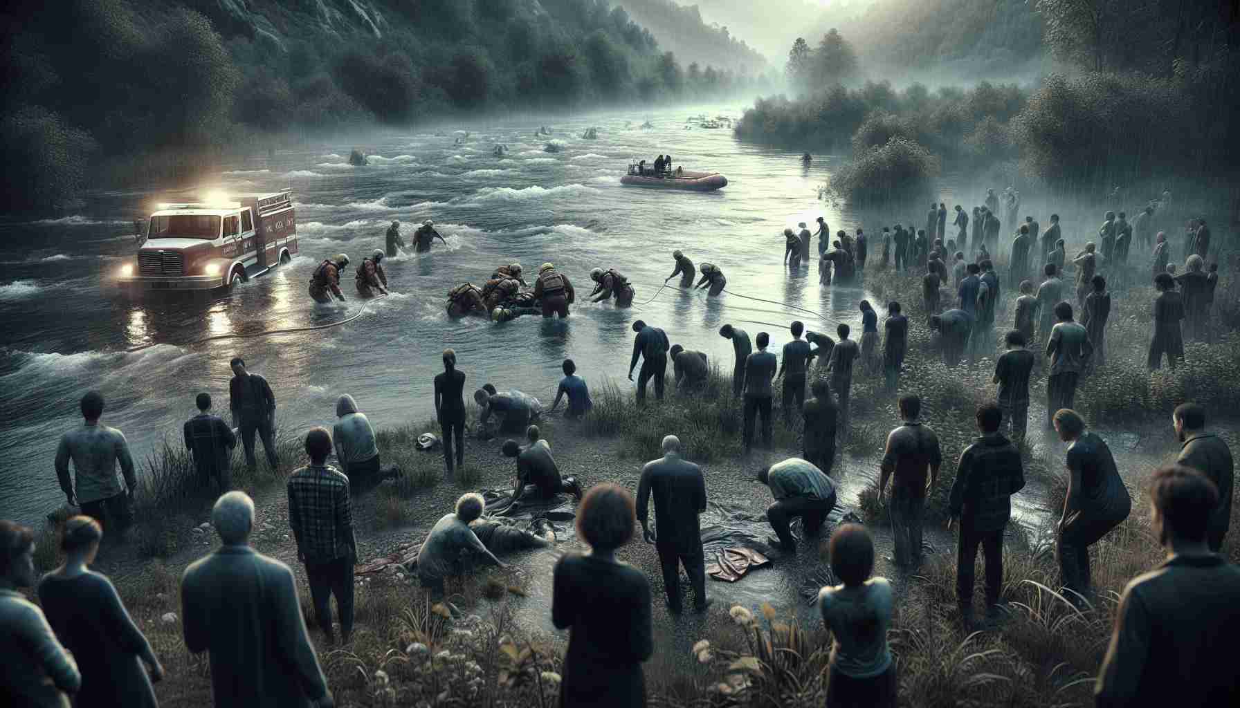 A high definition, realistic scene displaying the aftermath of a tragic accident. Display a tormented river scene with distressed bystanders gathering at the river bank, their expressions reflecting the heavy news. A rescue team is present, diligently searching and working in the water. Keep the atmosphere somber and heavy, encapsulating the tragic loss of a young life.