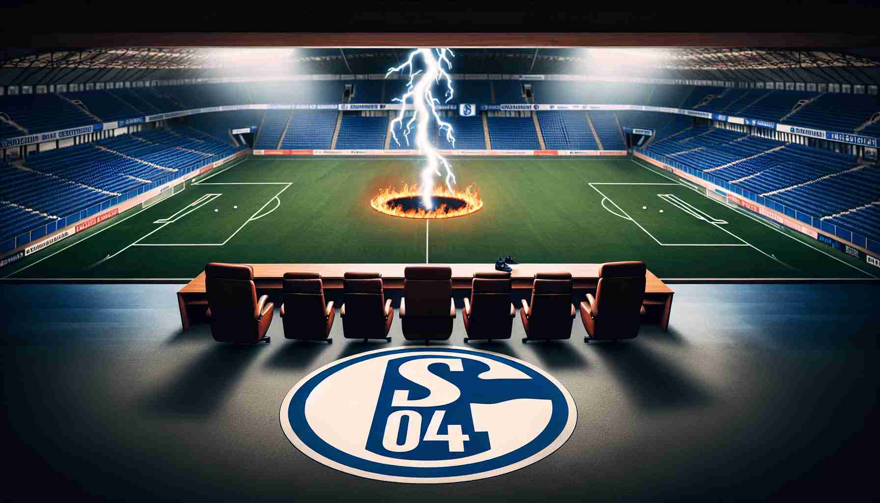 An HD photo representing the scenario where the football team Schalke 04 decides to part ways with their coaching staff. This could be depicted through symbolic imagery, such as a football pitch with Schalke 04 team logo, an empty coaching area or metaphorical representations of change and departure.