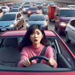 High-resolution realistic image of a young Asian female driver in a red car causing havoc on a bustling highway packed with diversified vehicles. She wears a look of surprise mingled with panic as she maneuvers through the unexpected traffic. Capture the confusion, the honking of the cars, and the agitated expressions of the other drivers who are trying their best to avoid a collision. Convey an atmosphere of chaos and high tension.