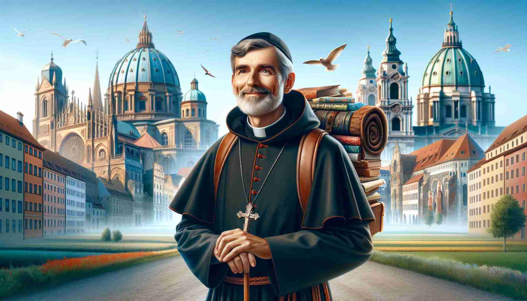 Realistic HD image of a respected religious figure embarking on an innovative tour across Europe. The figure, middle-aged, should be depicted in a typical religious garb. The background should represent different European landscapes. The figure should be portrayed as kind, humble, and devoted to his faith.