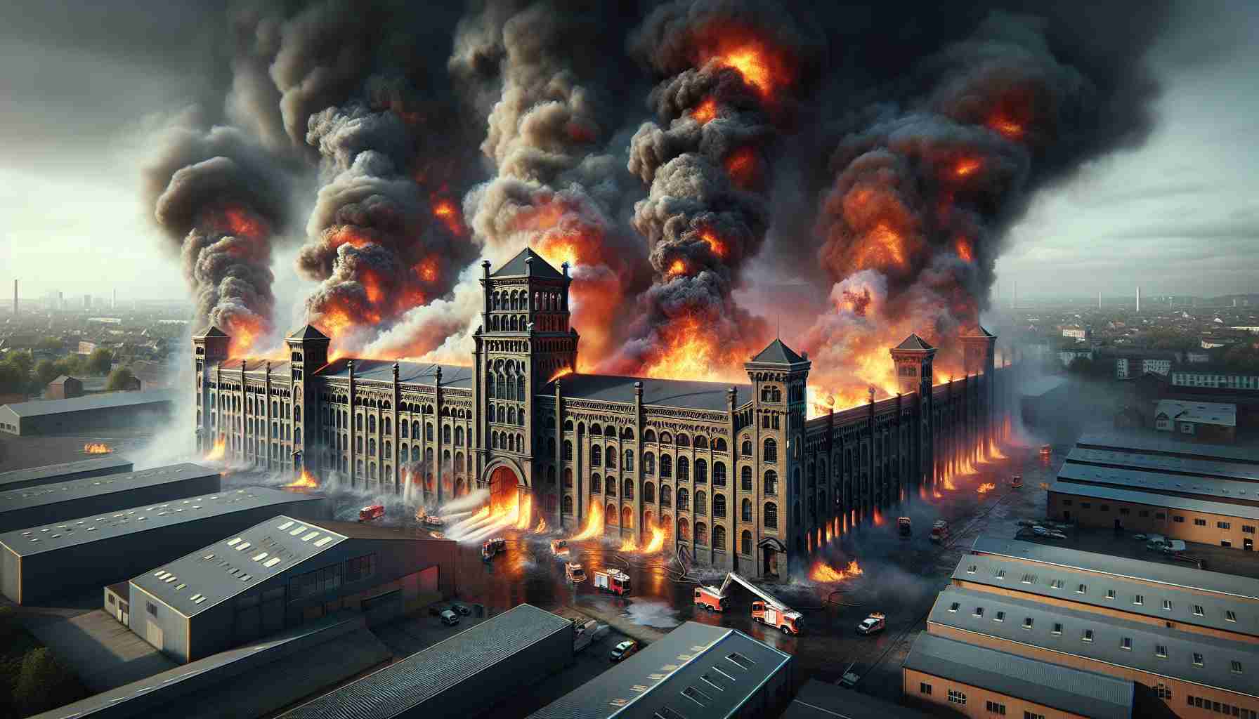 A high definition, realistic depiction of a massive fire consuming a historic warehouse located on an industrial estate. The warehouse features architectural elements that suggest its antique nature against a backdrop of other industrial buildings. The fire blazes with intense hues of red, orange, and yellow, engulfing the entire warehouse. Thick smoky clouds of black and gray billow into the sky, casting a grim shadow over the scene. Emergency vehicles are seen in the foreground attempting to control the fire, their flashing lights adding drama to the intense scene.