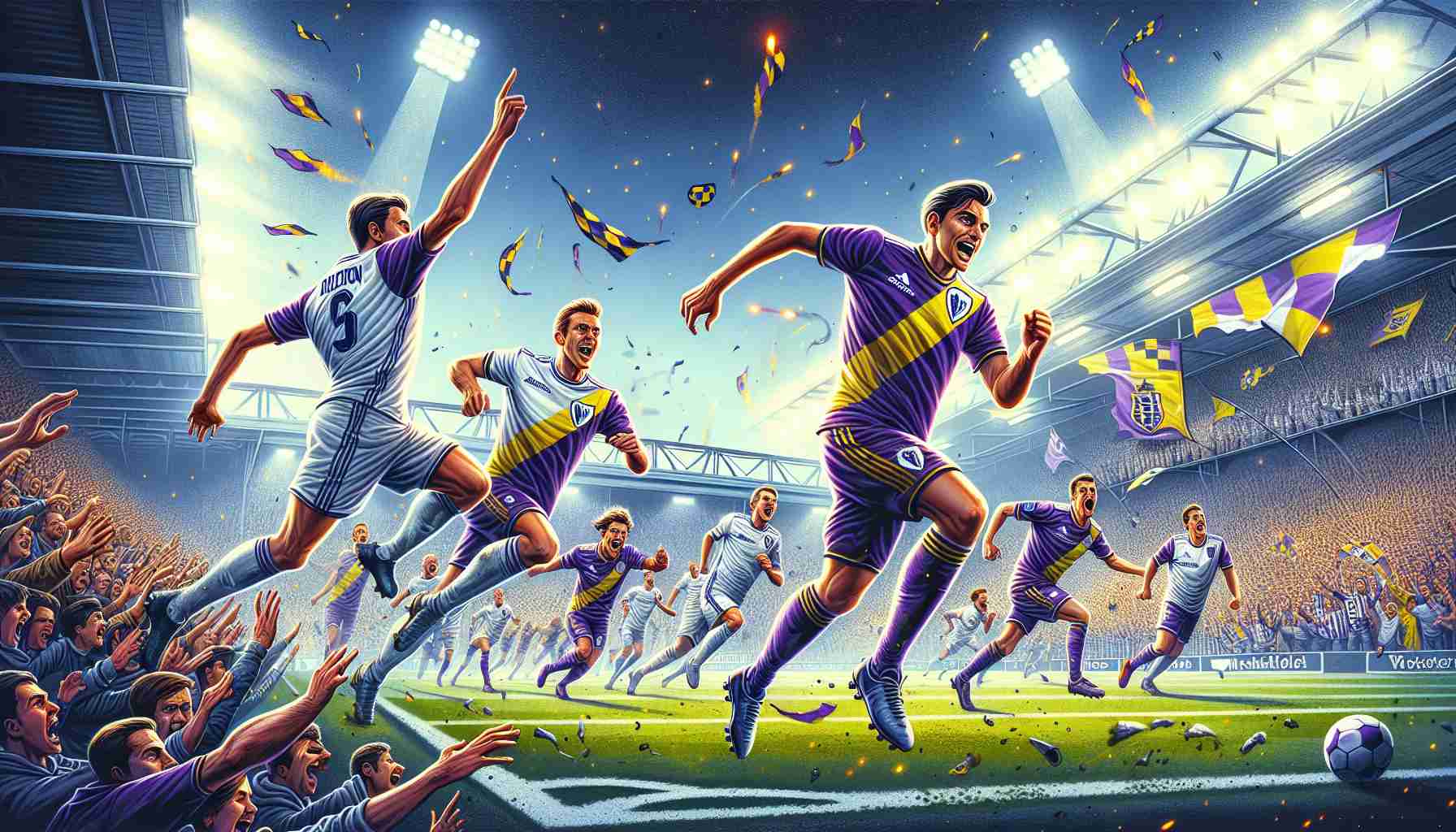 An HD detailed illustration depicting the exciting climax of a soccer match between two energetic teams. One team in purple and white uniforms, having the vibes of Anderlecht, is mustering all their energy for a spectacular fightback, while the other team, clad in yellow and blue akin to Westerlo, is striving to maintain their lead. The soccer field is filled with intensity, the spectators in the background are a mix of tense and hopeful, their cheers echoing around the stadium. The atmosphere is that of a thrilling contest where Anderlecht is fighting hard to earn a draw against Westerlo.