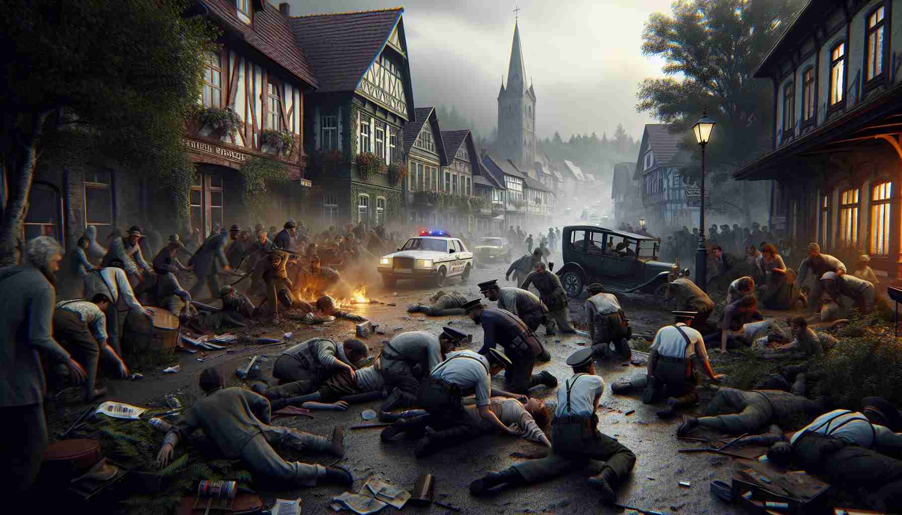 A high-resolution, realistic image depicting an unfortunate incident unfolding in the town of Kinrooi. The scene should be full of drama and emotion, showing distress and concern on the faces of the onlookers. The environment should reflect the local architecture and natural beauty of Kinrooi, while maintaining a somber and intense ambiance.