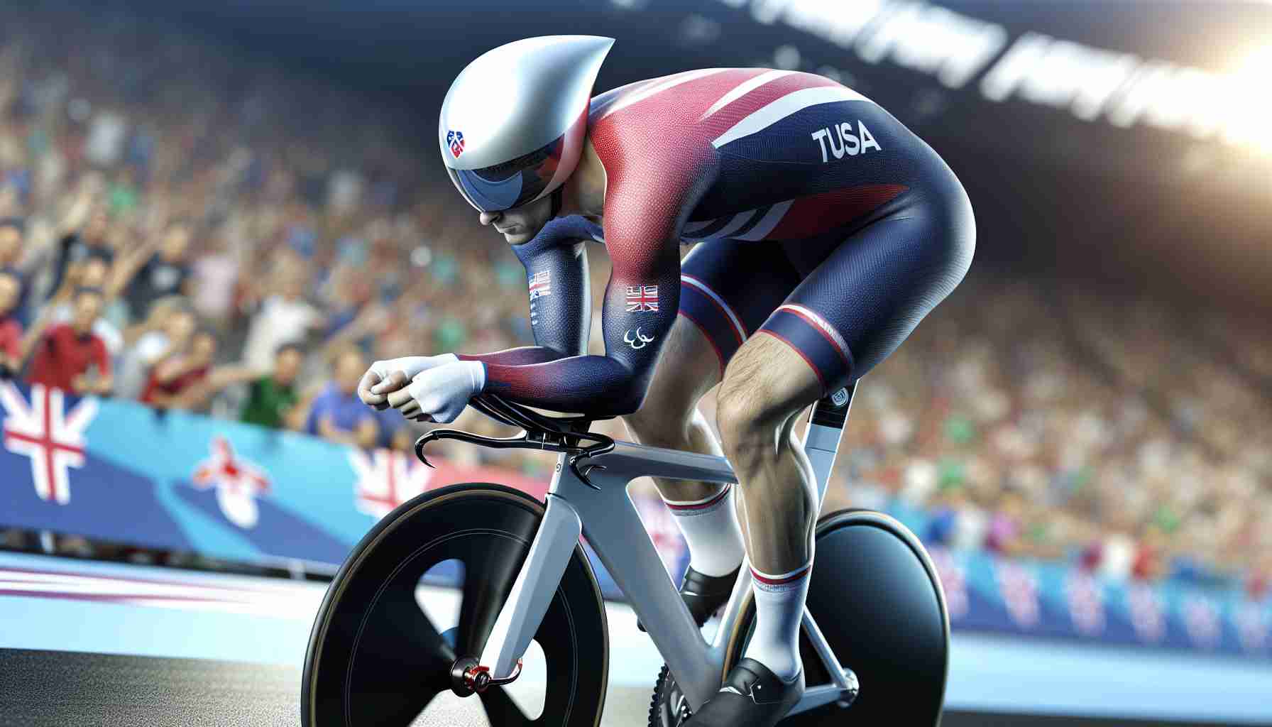 High-definition realistic image of a silver medal-winning paralympic cyclist in time trial action. The cyclist, who has a powerful physique, is wearing a team uniform with the colors of his nation. The helmet is securely fastened, and the eyes are focused on the course ahead. The racing bike, designed for speed and agility, is under them and they're pedaling with all their might against the backdrop of a cheering crowd.