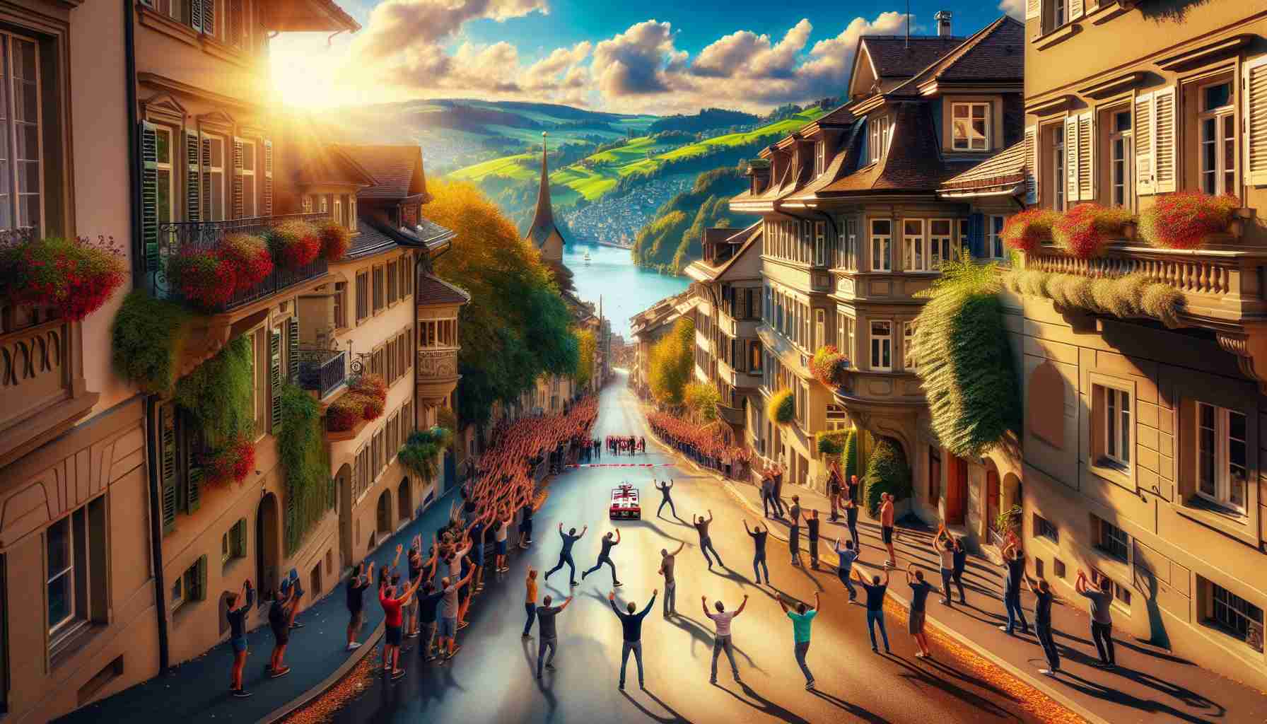 Generate a realistic HD photo of a triumphant event that took place unexpectedly on a street reminiscent of Zürichbergstrasse, distinguished by a picturesque neighborhood lined with charming old houses, vibrant foliage, and the hilly landscape stretching into the distance.