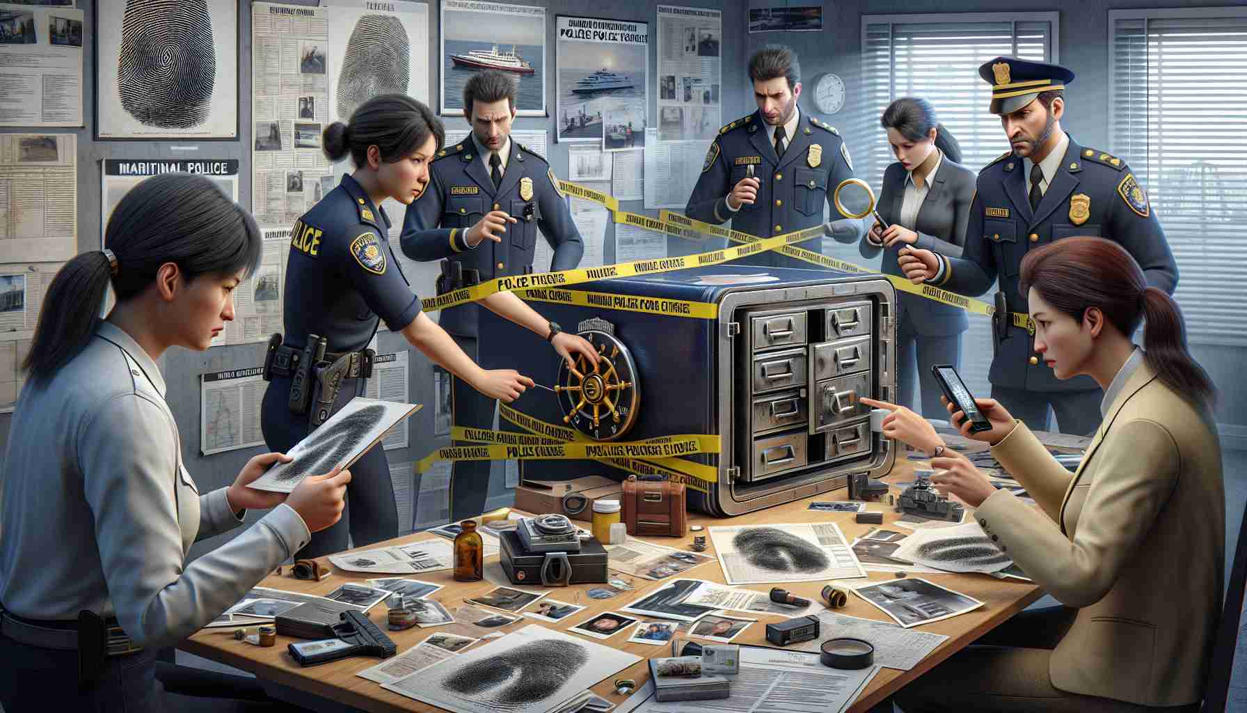 A realistic, high-definition image of an investigation underway within a maritime police station. Please include various clues such as scattered police reports, photos, a partially cracked open safe, and yellow police tapes around the safe. In the scene, provide a depiction of a diverse group of investigators including a South Asian female officer in her uniform, a Caucasian male detective with a magnifying glass, and a Hispanic female forensic analyst examining fingerprints.