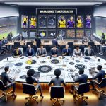 A detailed view of a management transformation for the Anderlecht Football Club. Visualize a bright, modern meeting room where all the critical strategic decisions happen. The table is overflown with paper diagrams of new strategies while cutting-edge technology devices show performance analytics. On the walls, pictures of past glories inspire future victories. There are several diverse people: a black female strategists, a white male coach, a middle-eastern female financial analyst, and a south asian male sports scientist. All are deeply immersed in a passionate discussion under the context of a revolutionary new era. Create this in HD realism.