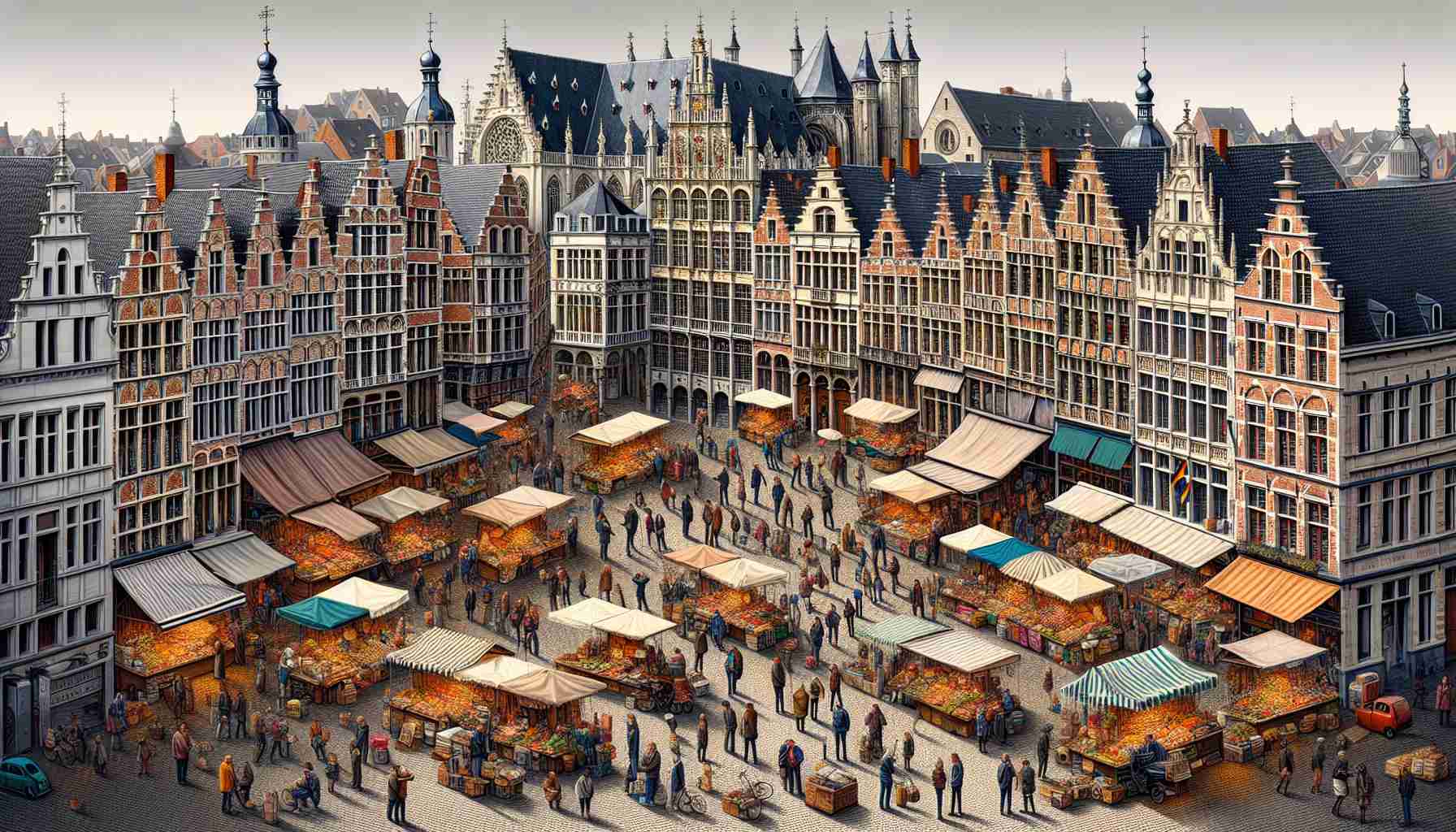 Generate an ultra-high-definition photograph that clearly depicts the dynamic changes of a Market Day in Leuven, a Belgian city. Show a variety of individuals engaged in activities typical of a market day, showcasing a mix of descents and genders. Reflect traditional architecture of the location and a variety of colors and goods on display. The atmosphere should be lively and bustling, with people exchanging goods, conversing, and indulging in local delicacies. Also, subtly display elements of various weather conditions indicating different times of the day.