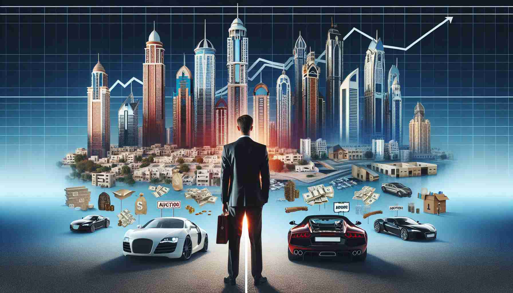 A high-definition, realistic image demonstrating the rise and fall of a property magnate in the city of Dubai. The image should be divided into two parts. The first part showcasing the tycoon's rise, with many towering skyscrapers, luxury sports cars, and opulent lifestyle symbols. The other section representing his downfall, with symbols of bankruptcy such as auction signs, vacant buildings, and financial charts displaying losses.