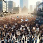 An ultra HD realistic portrayal of a large-scale public demonstration and nationwide strike occurring in Israel. The crowd is vast and comprises people of all ages, genders, and diverse descents including Middle-Eastern, Caucasian and South Asian. Displays of placards and banners are prominent, communicating a diverse spectrum of sentiments. The atmosphere is imbued with unity and solemnity - a collective response to a recent tragedy. Urban landscapes and prominent architectural features of Israel serve as the backdrop of the demonstration. Please avoid detailing any specific tragic event.