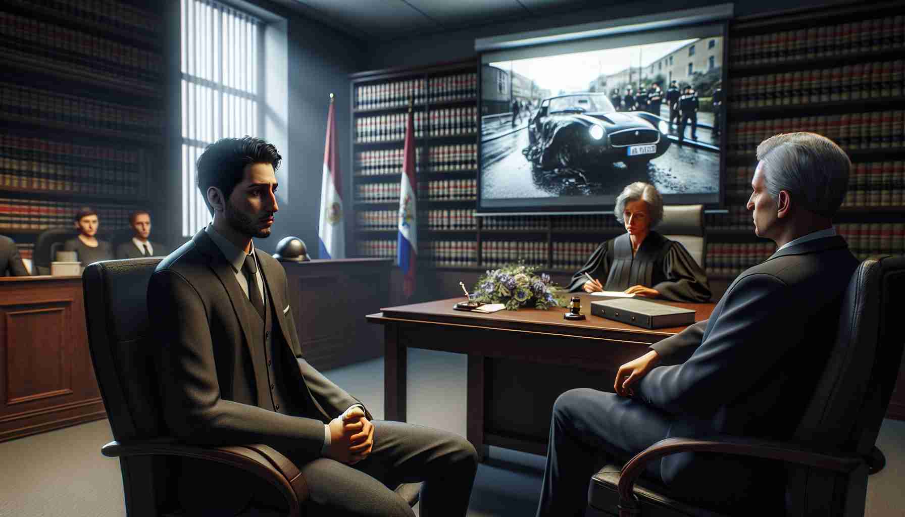 Realistic high-definition image of a scene depicting a sombre courtroom setting. A male, Middle-Eastern defendant dressed in a formal suit sits next to his lawyer. The judge, a Caucasian woman, is delivering the sentencing. The room radiates an air of seriousness, and a backdrop of law books and national flags can be seen. On a screen in the room, a picture of a tragic road accident is displayed. A gloomy atmosphere shrouds the surroundings, reflecting the gravity of the incident in Koningshooikt.