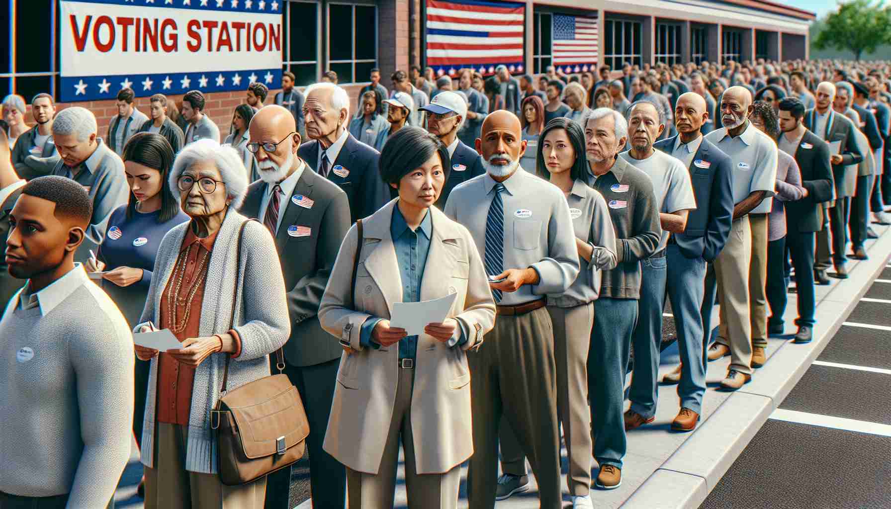 Generate a hyper-realistic high-definition image depicting a record-breaking turnout at the polling station. Visualize a diverse mix of voters queued in an orderly manner, ranging in age, gender, and descent. These people could include an elderly South-Asian woman, a Hispanic male college student, a Caucasian middle-aged male, and a Middle-Eastern female business professional. They all maintain social distance, patiently waiting for their turns while filling the area outside a large building with 'Voting Station' banners and signs prominently displayed.