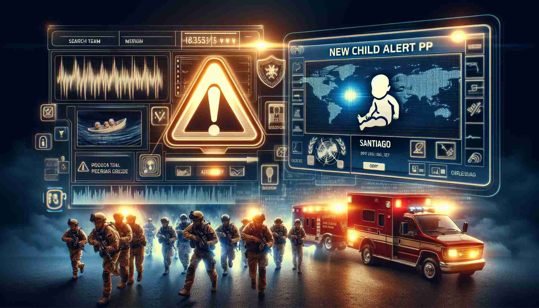 Generate a high definition realistic photo representing the initiation of a new child alert procedure for a missing baby named Santiago. The image could include relevant symbols or elements such as a flashing amber light, search team preparing to start their mission, and a computer screen displaying Santiago's information.