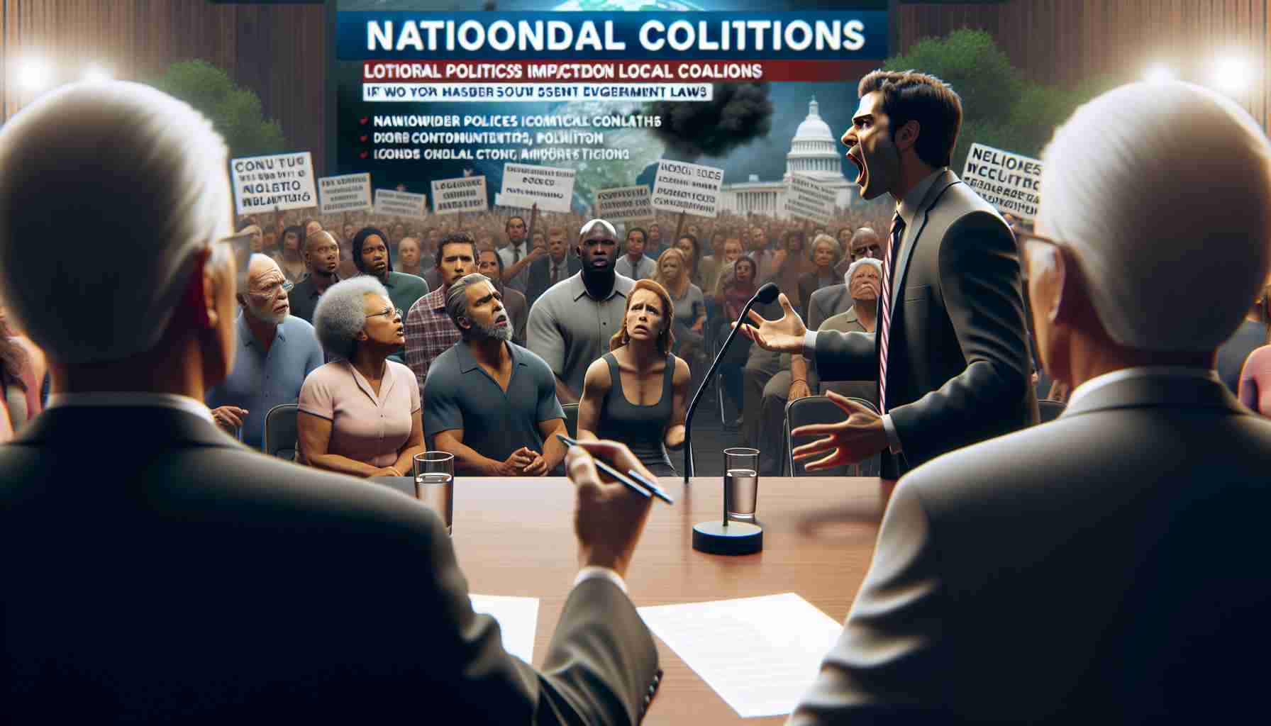 A high-definition image portraying the effects of national politics on local coalitions. The scene could represent a town hall meeting, with individuals of diverse backgrounds - a Caucasian male community leader passionately addressing the crowd, a Hispanic female activist listening attentively, and a Black male legislator making notes. In the background, a large screen shows nationwide policies impacting the local scene, perhaps changes in taxation or environment laws. The atmosphere is intense and everyone seems deeply involved in the discussion.