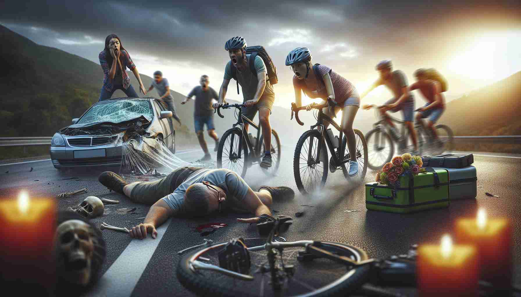 Realistic high-definition image of a devastating road accident involving cyclist tourists, leaving them shocked and saddened.