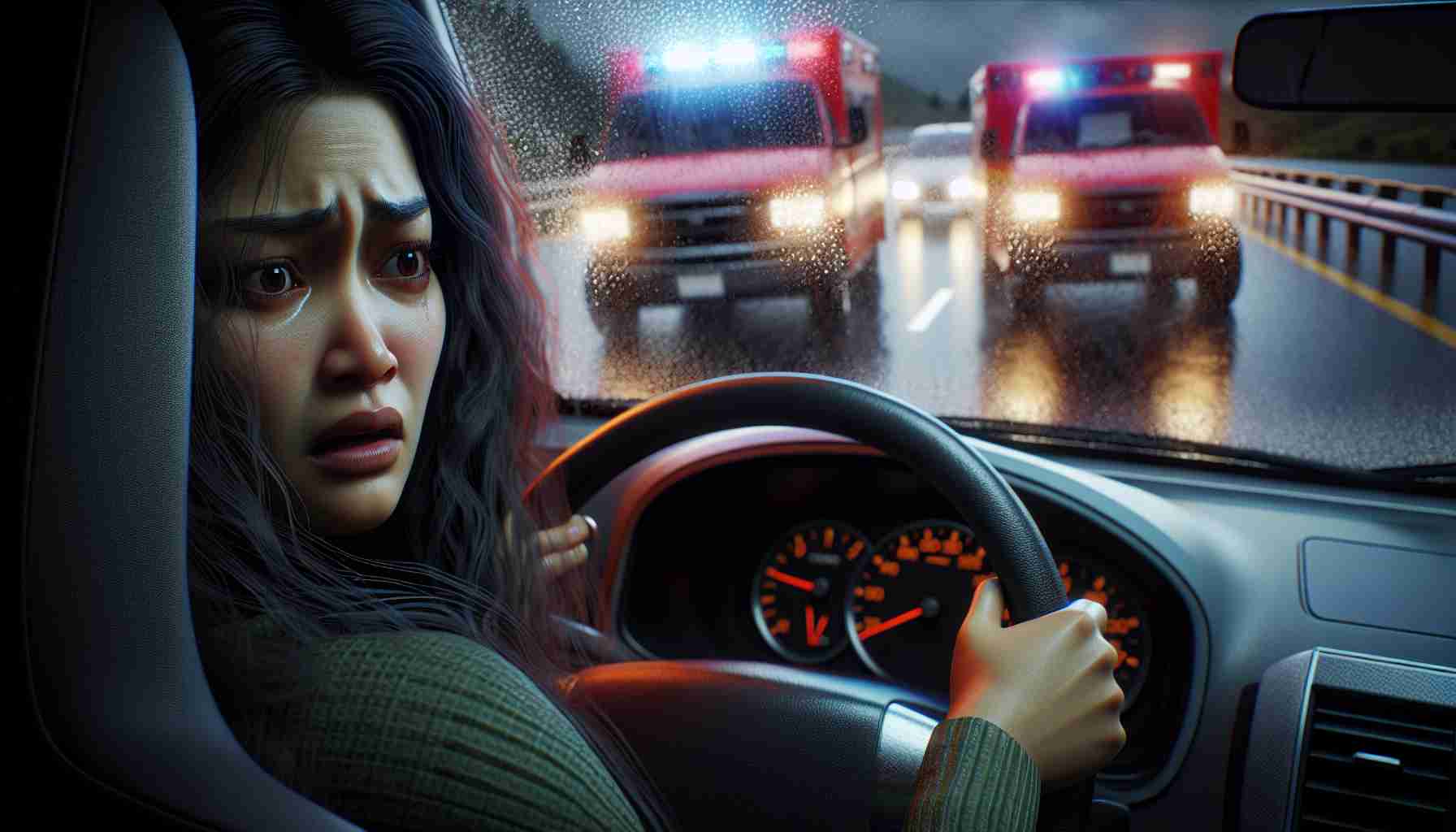 A realistic HD image of a traffic incident scene where a distressed South-Asian female driver faces the aftermath of a fatal incident. She is shown in her vehicle, the steering wheel in her hands, a look of realization and shock etched on her face. The background renders the scene of the accident with flashing emergency lights reflecting off rain-soaked asphalt.