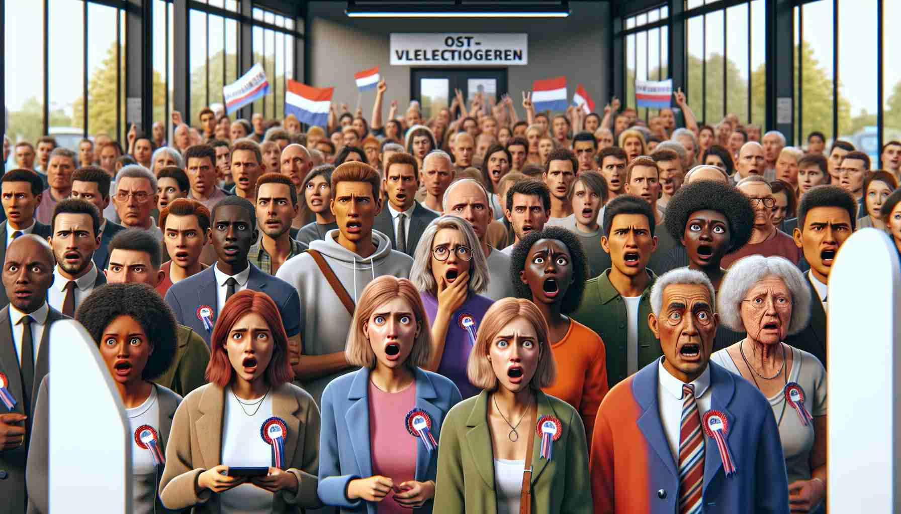 Generate a high-definition image of a local elections scene in Oost-Vlaanderen, Belgium. Visualize a diverse crowd of voters from different descents, such as Caucasian, Hispanic, Middle-Eastern, South Asian, and Black. Show various ages and genders reflecting the true diversity of society. Include shocked and surprised expressions on their faces, hinting at surprising results. The setting could be a polling station with election banners and posters. Remember not to include specific politicians or public figures.