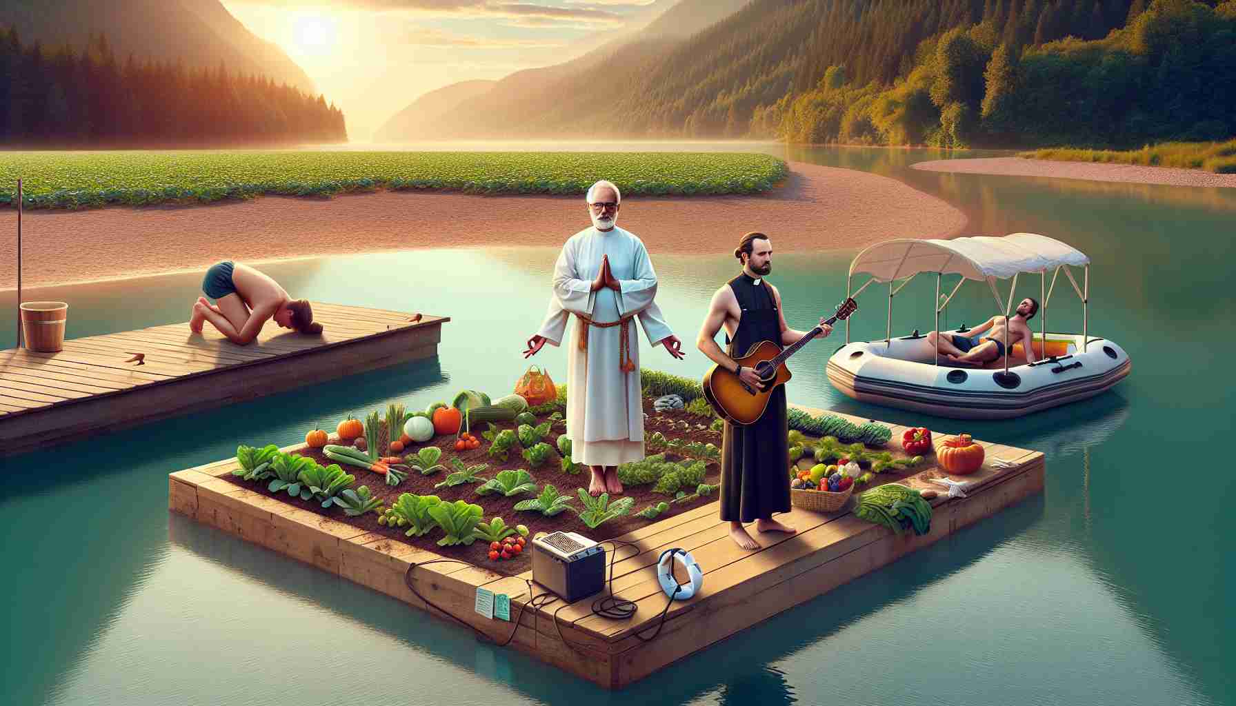 Generate a high-definition, realistic image illustrating an unconventional lifestyle of a priest. Perhaps the priest could be seen practicing yoga on a serene beach, or growing organic vegetables in a community garden, or perhaps even performing on a floating stage in a scenic lake playing a musical instrument. The point is to illustrate the surprising departure from the common expectations associated with priests, while also showcasing the harmony between their spirituality and their unique lifestyle choices.