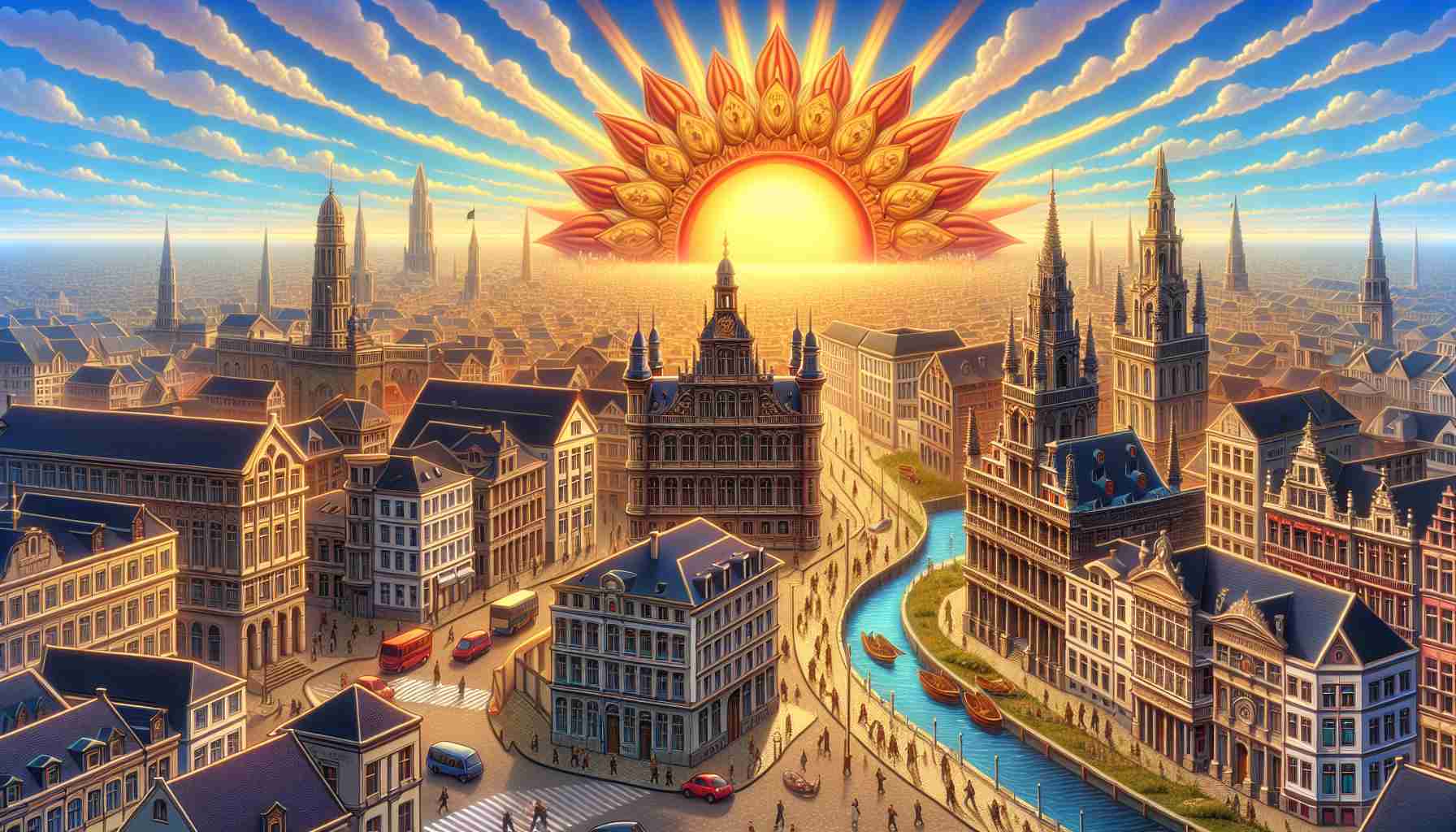 A detailed HD scene depicting a new chapter in the political landscape of the Belgian city, Antwerp. The imaginary illustration includes symbolic elements such as traditional Antwerpian architecture, along with a metaphorical sunrise symbolizing a new beginning. Please avoid any representation of specific politicians or public figures.