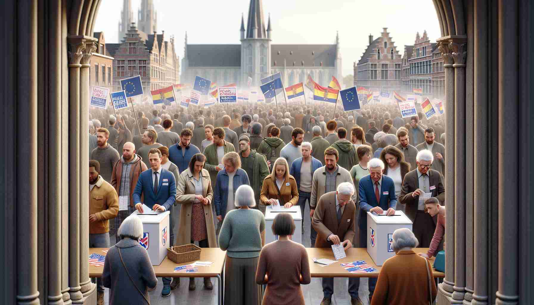 High-definition realistic image of a local elections scene in Flanders. The image should include aspects such as people of various descents and genders casting their votes, discussions among voters, campaign posters, and ballot boxes. Additionally, the image should capture elements beyond the immediate results, like voters' expressions of hope, anticipation, and apprehension, and the potential impact on the local community.