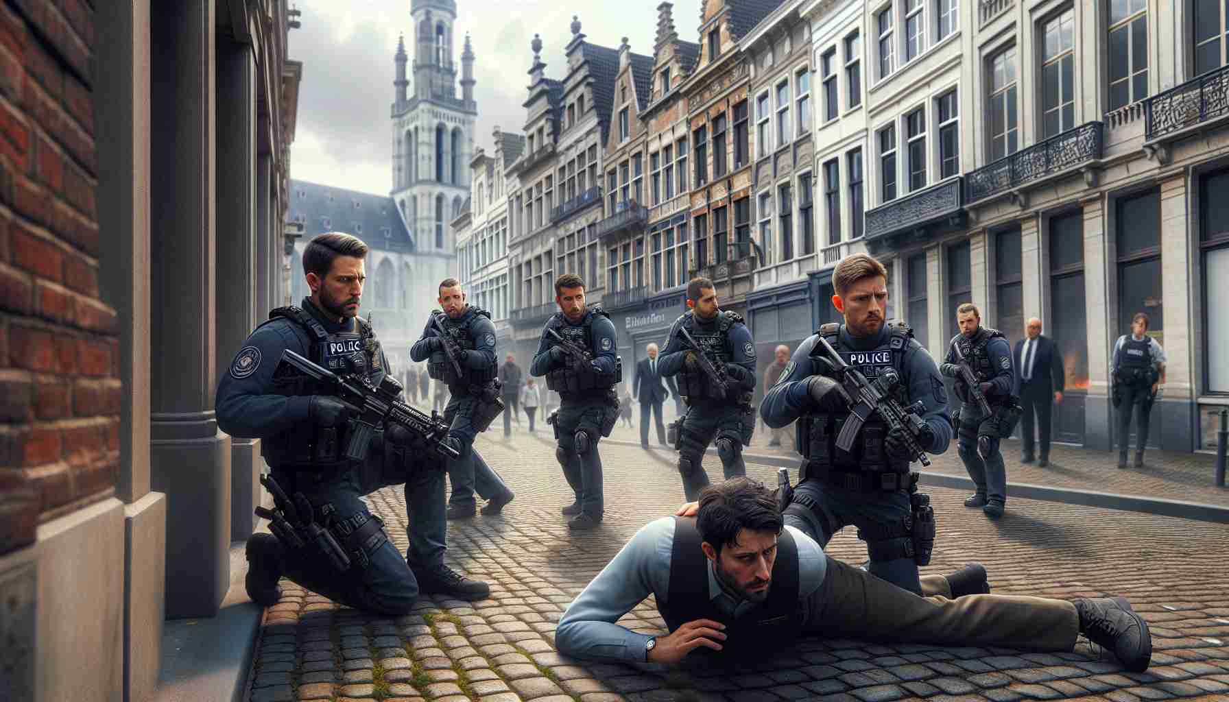 Realistic, high-definition image of a cautious scene in Antwerp, Belgium, where a diverse group of police officers, composed of men and women from various descents like Caucasian, Hispanic, and Middle-Eastern, are professionally handling a situation involving a man who appears to be armed. The surroundings are typical of an urban European setting, with cobblestone streets, architectural details mirroring the local culture and history, and intermittent passersby observing at a safe distance.